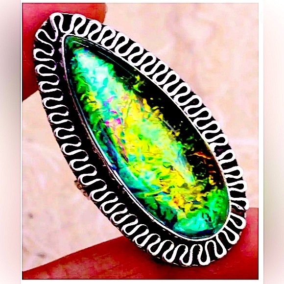 Triplet opal created ring sterling silver plated size 9 huge - Picture 2 of 4